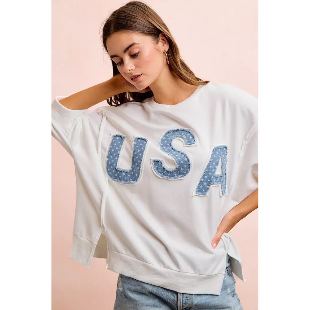 BiBi 4th Of July Usa Letter Patchwork French Terry Top